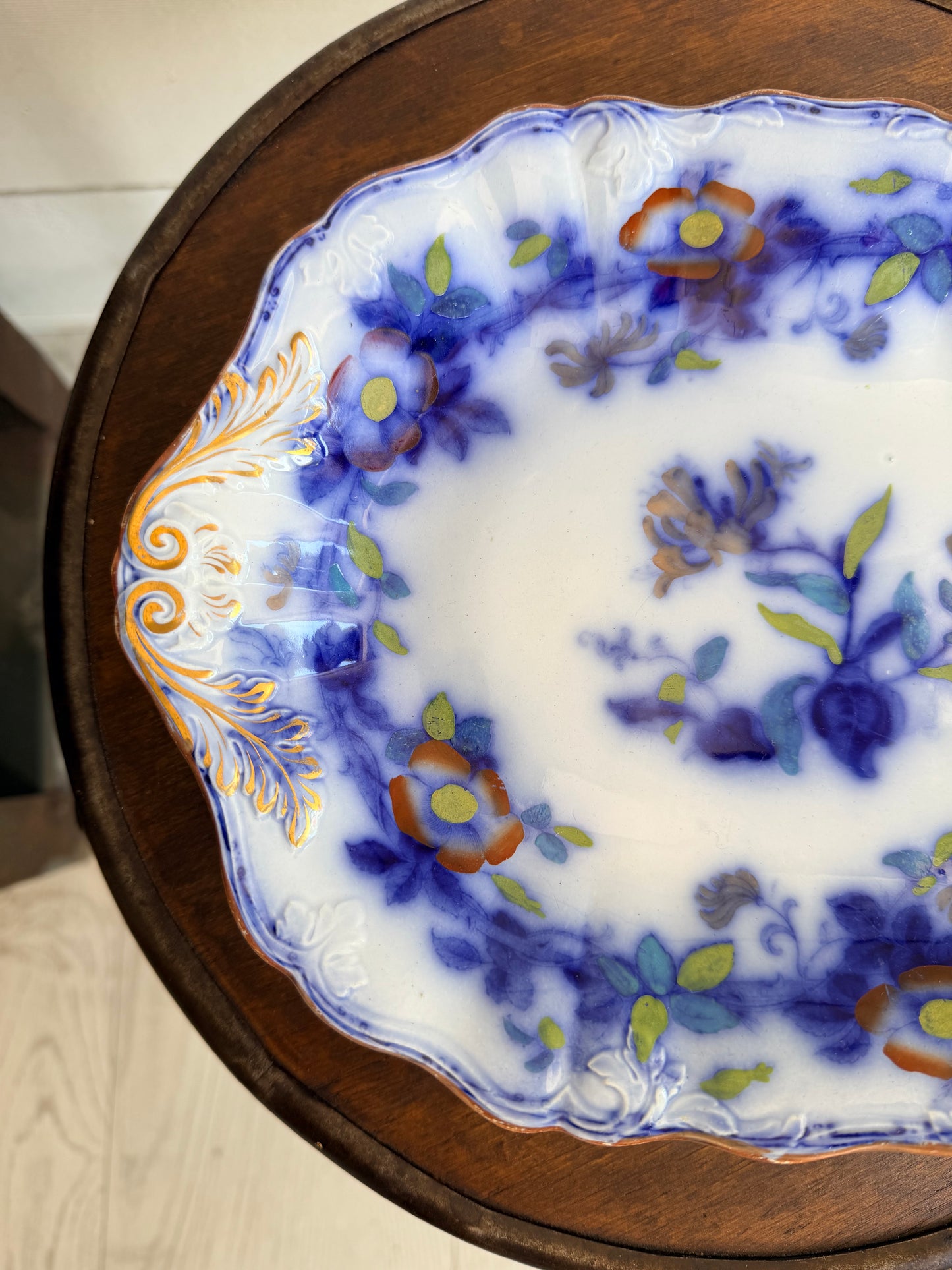 Wedgwood Pearl "Woodbine" Flow Blue Polychrome Serving Dish