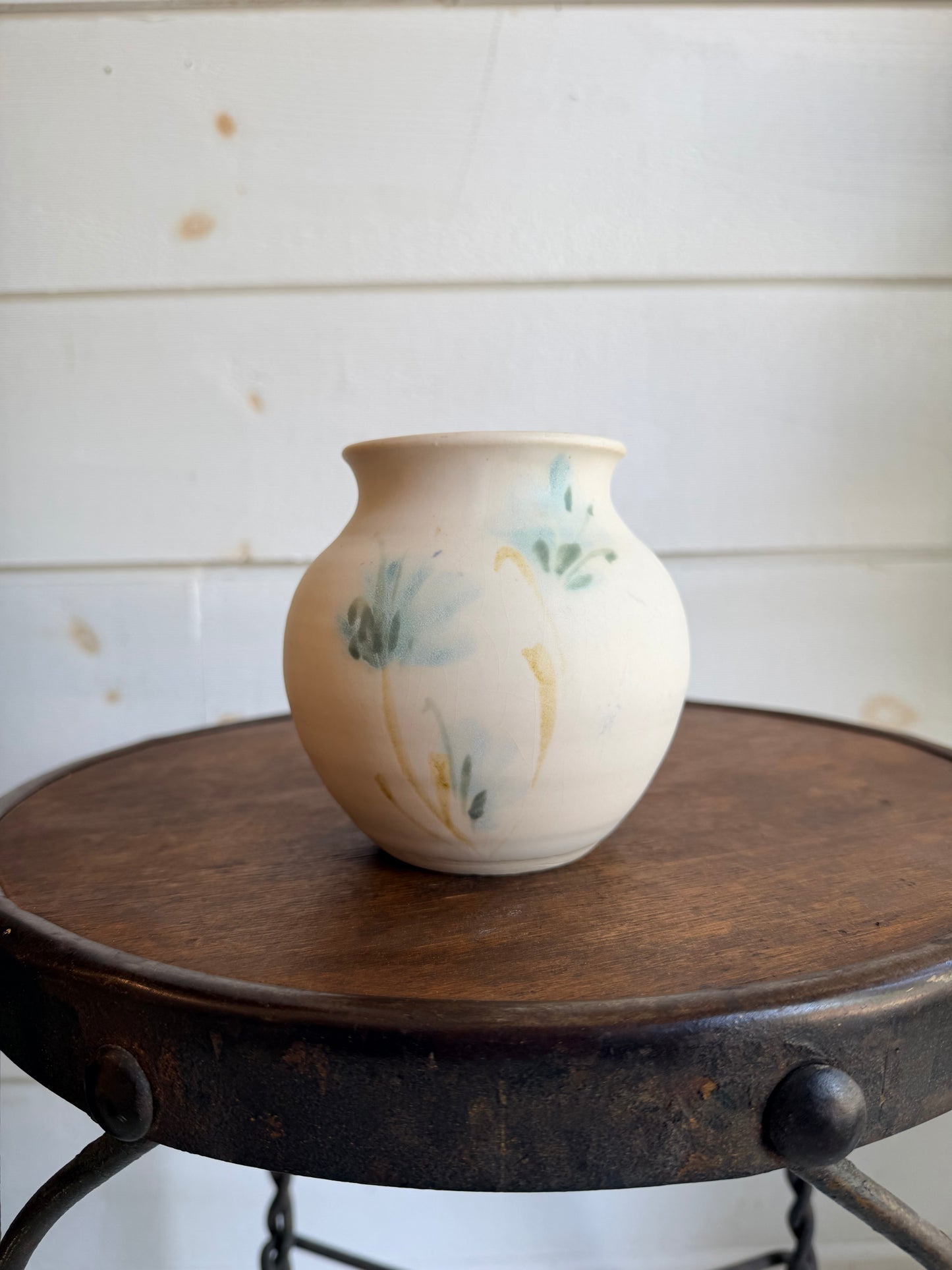 Signed Studio Pottery Cream Vase w/ Blue Flowers