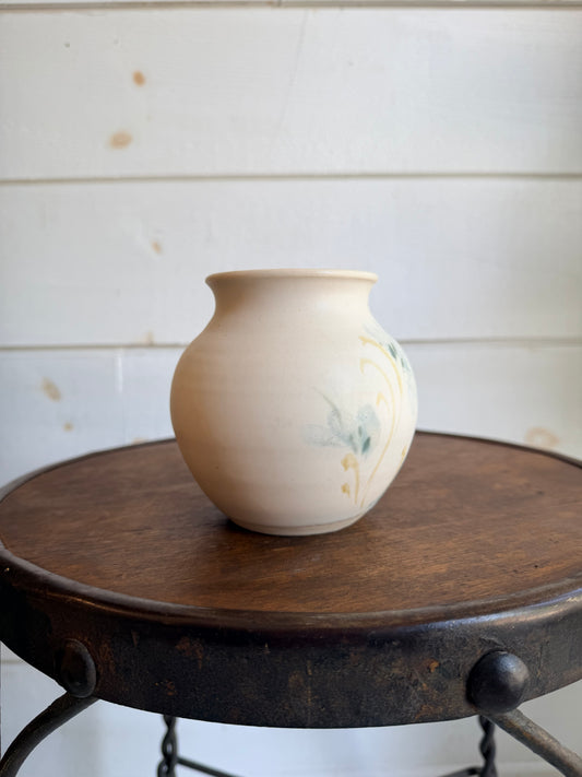 Signed Studio Pottery Cream Vase w/ Blue Flowers