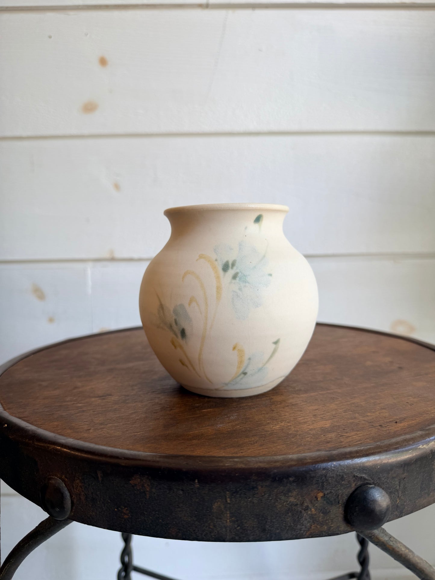 Signed Studio Pottery Cream Vase w/ Blue Flowers