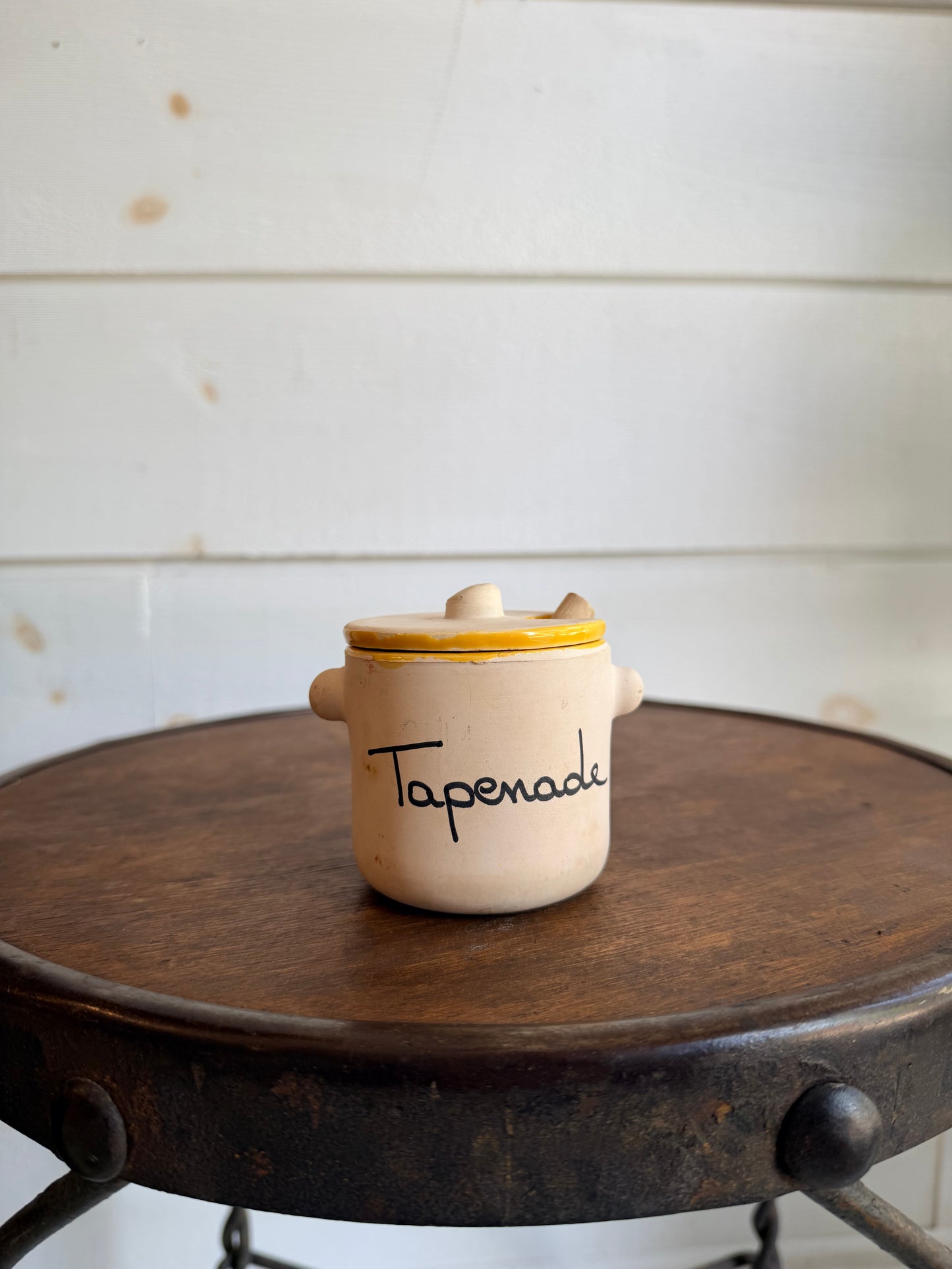 French Hand-Painted Earthenware Tapenade Serving Pot w/ Lid & Spoon