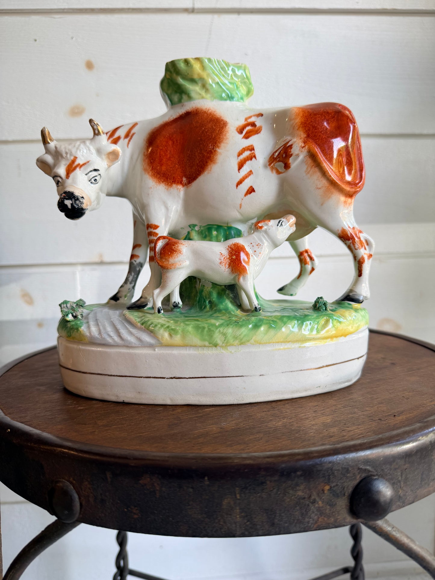 Antique Victorian Staffordshire Ceramic Cow & Calf Spill Vase