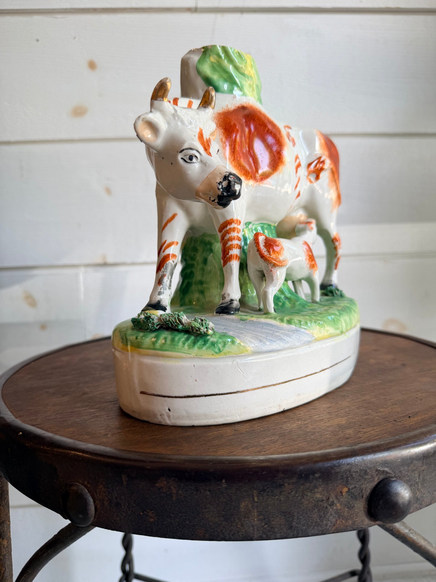 Antique Victorian Staffordshire Ceramic Cow & Calf Spill Vase