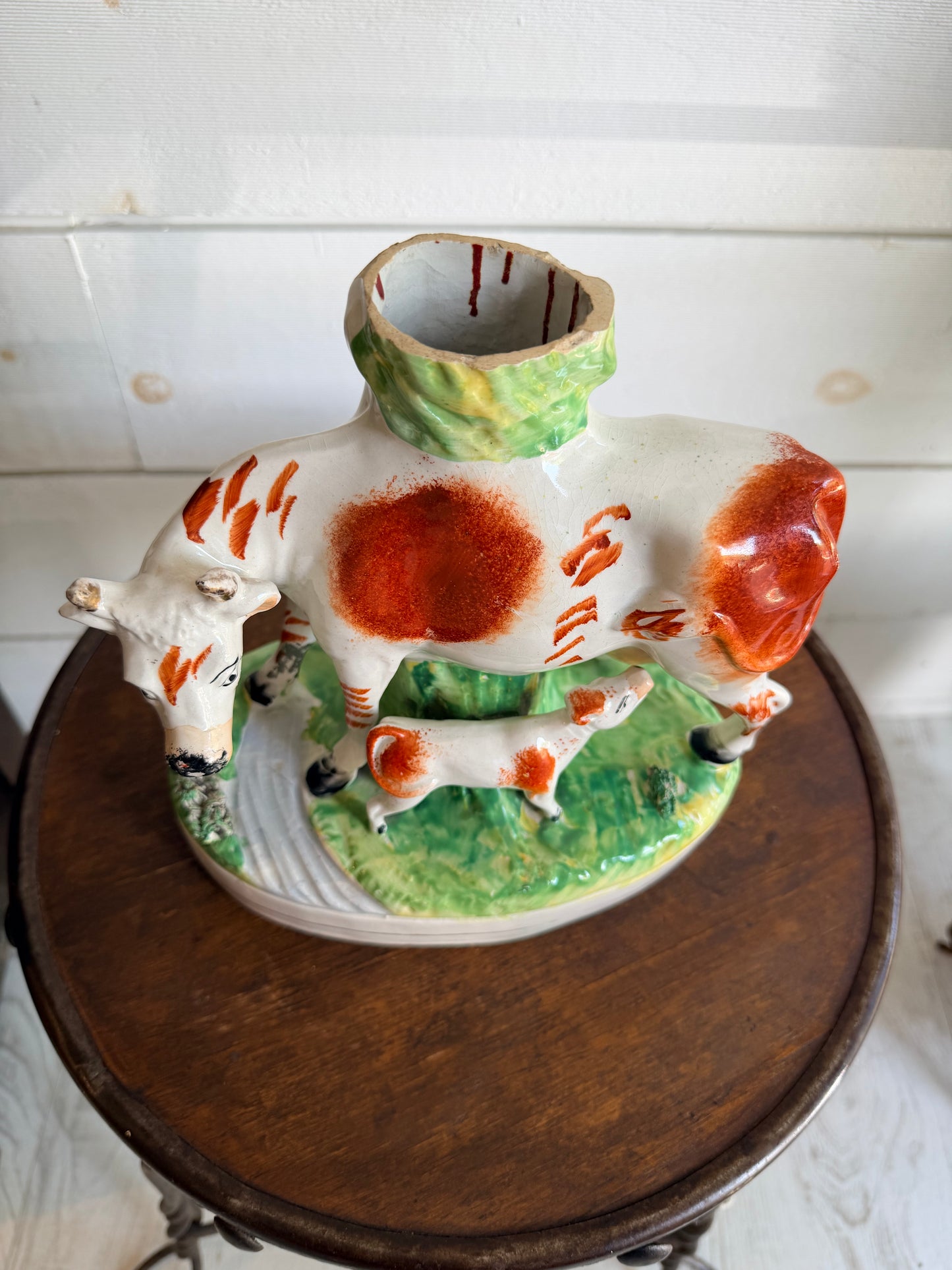 Antique Victorian Staffordshire Ceramic Cow & Calf Spill Vase