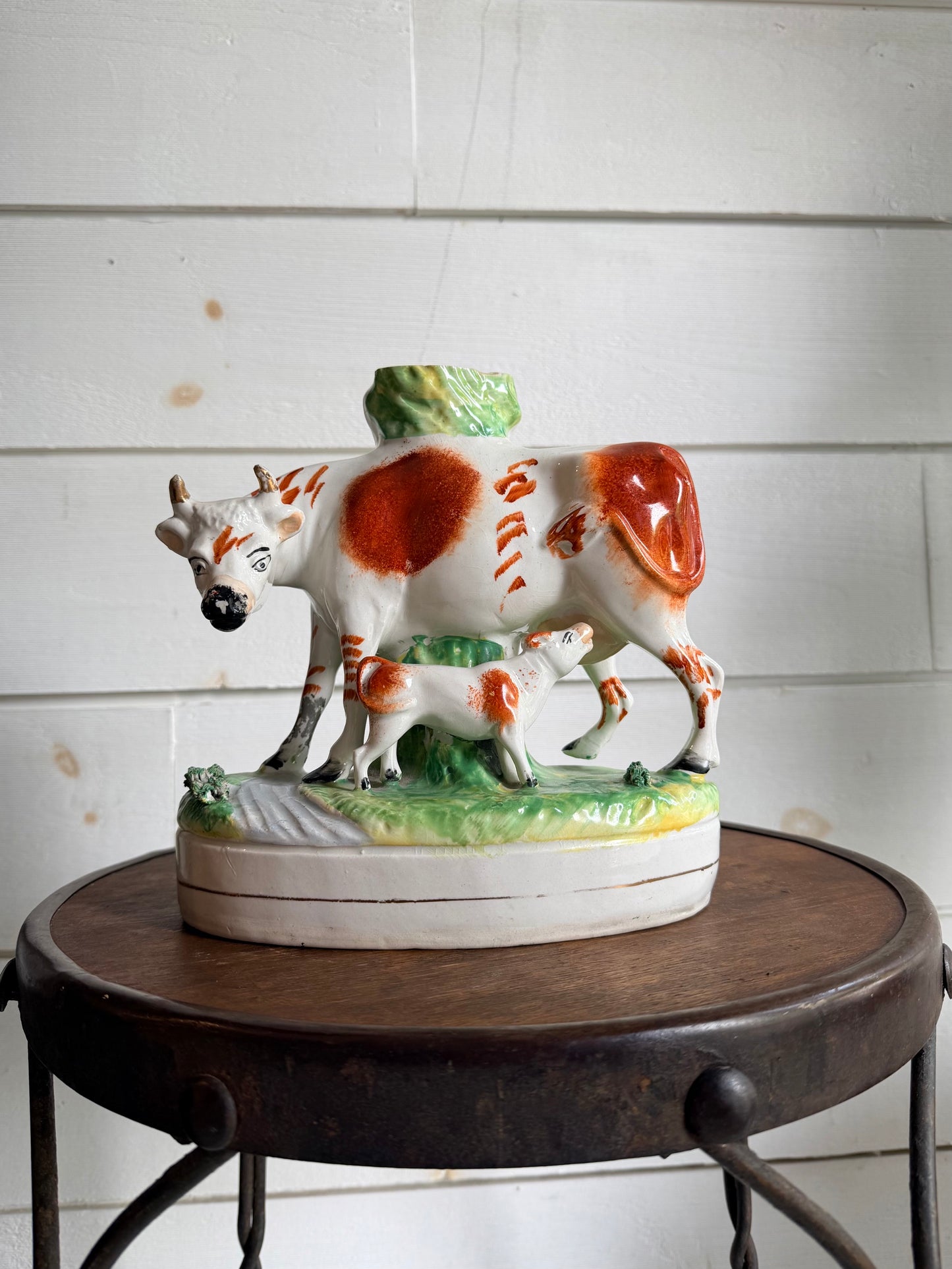 Antique Victorian Staffordshire Ceramic Cow & Calf Spill Vase
