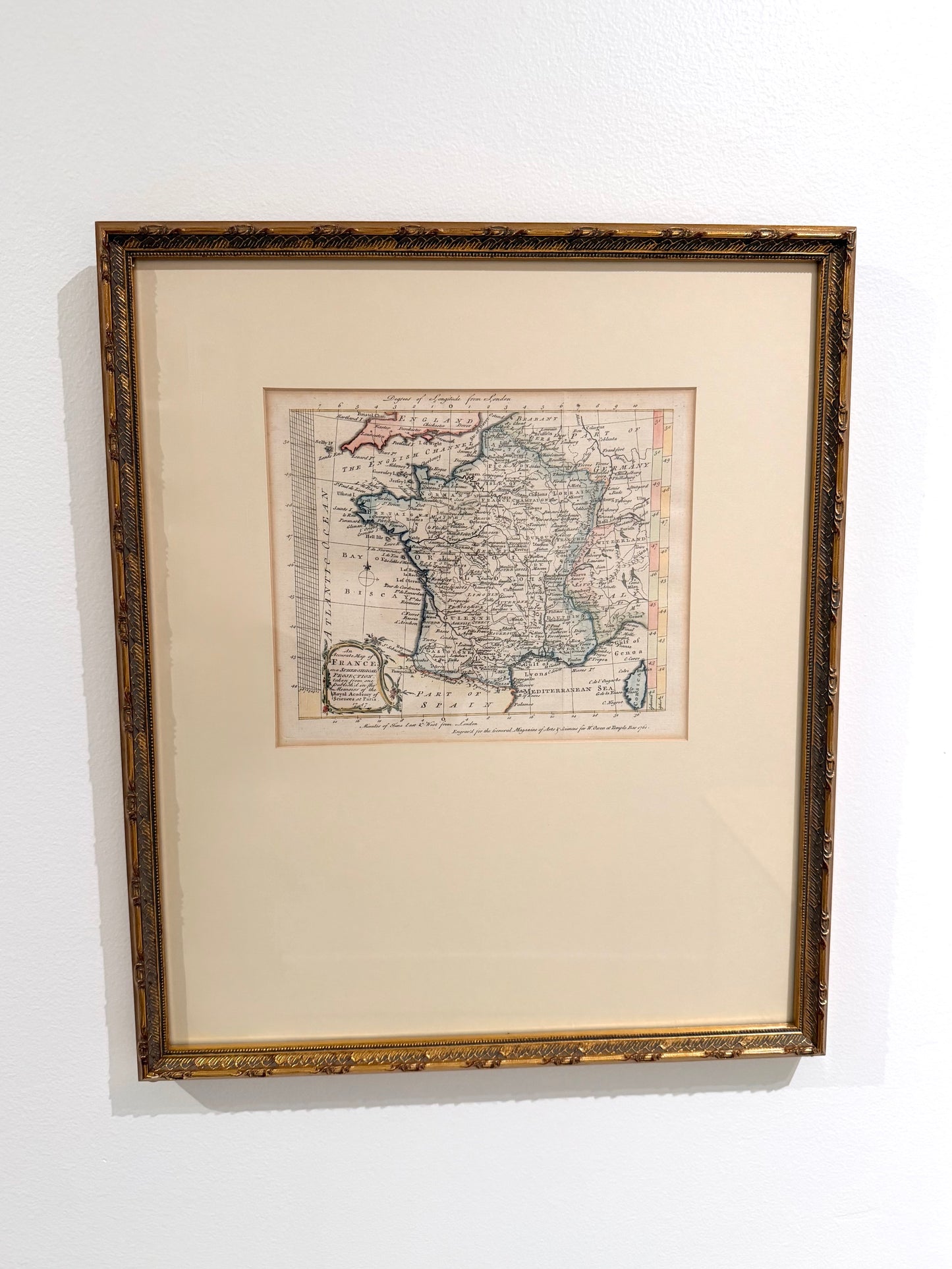 Custom-Framed Antique 18c Map of France Engraving