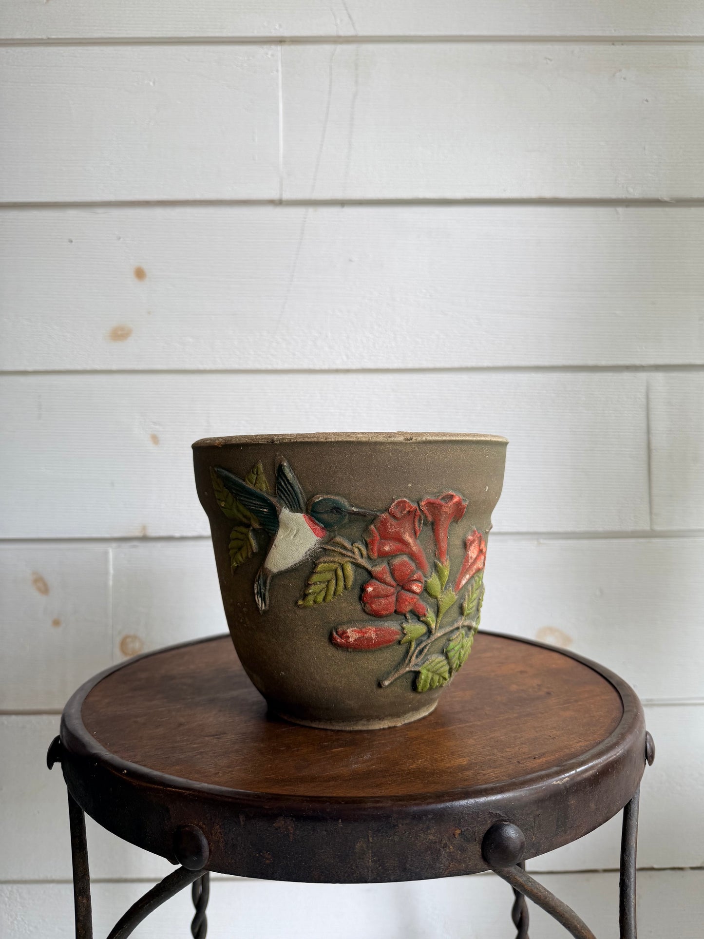 Ceramic Pot w/ Hummingbird & Floral Relief