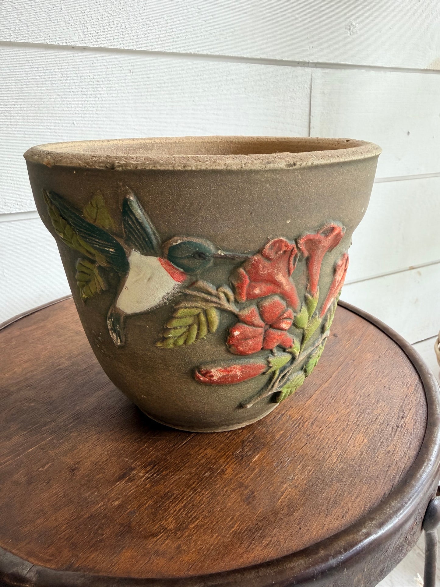 Ceramic Pot w/ Hummingbird & Floral Relief