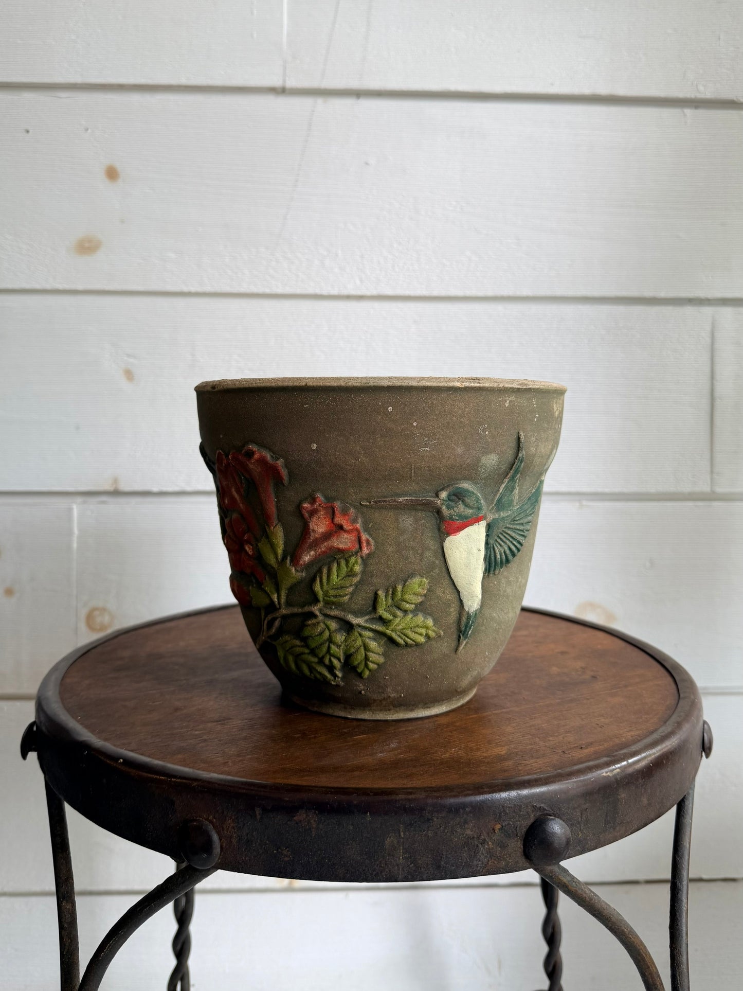 Ceramic Pot w/ Hummingbird & Floral Relief