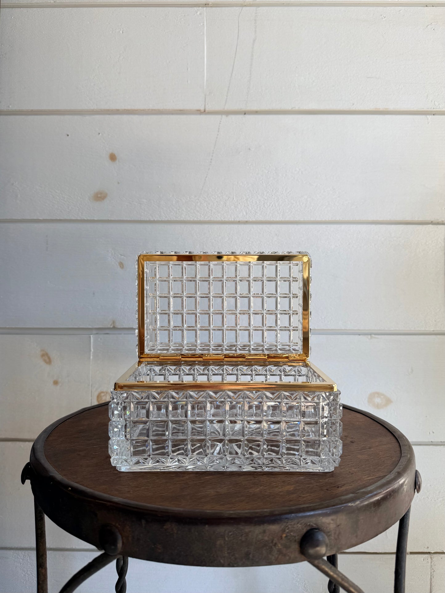 Mid-Century Baccarat-Style Cut Glass Casket Box w/ Brass Banding