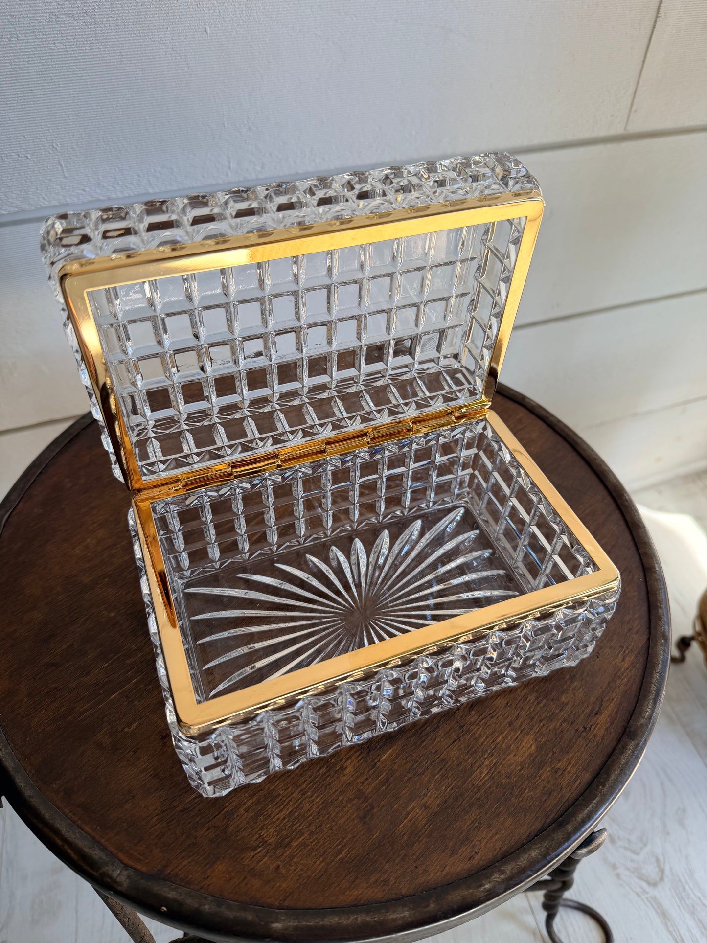 Mid-Century Baccarat-Style Cut Glass Casket Box w/ Brass Banding