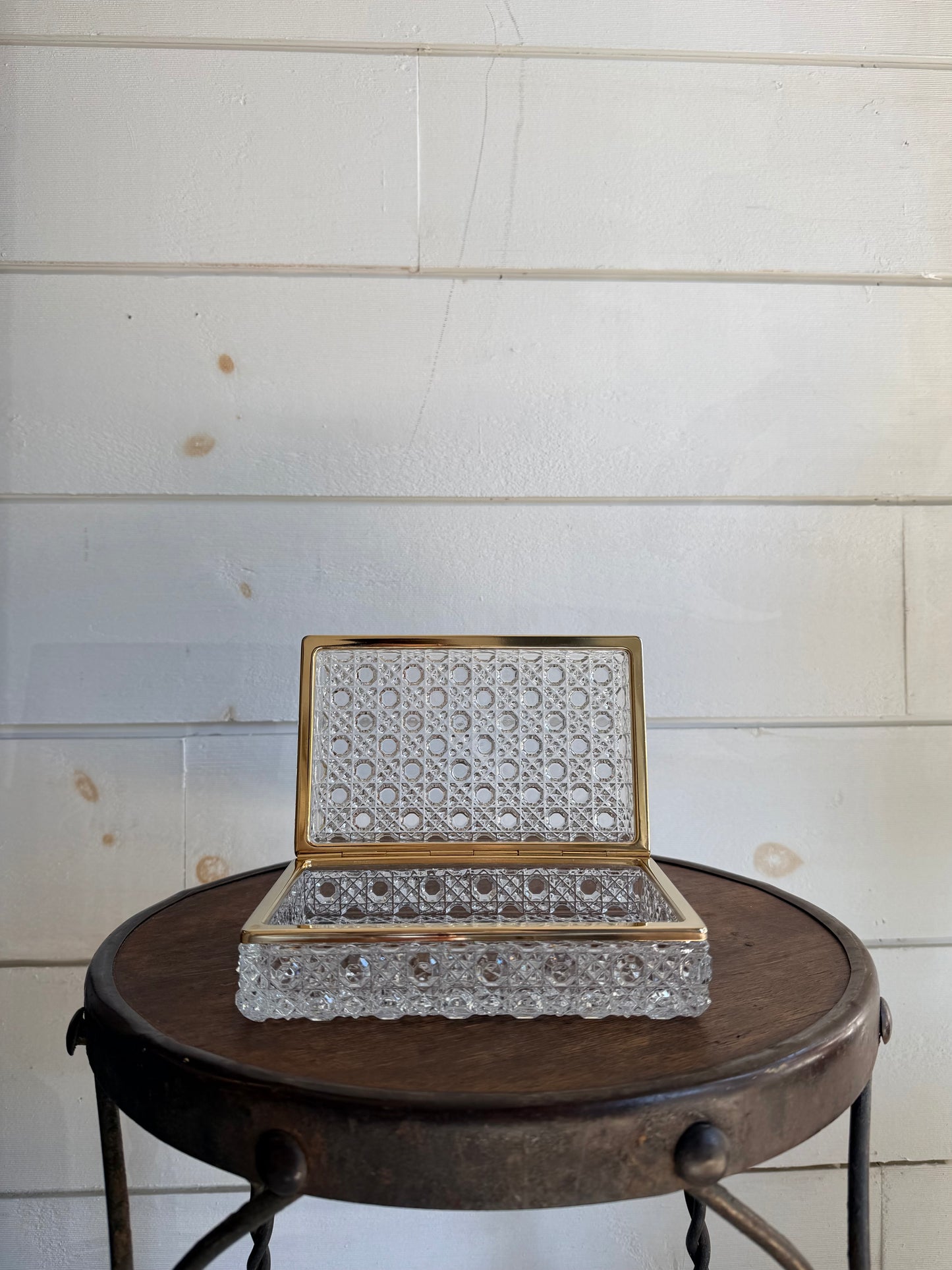 Mid-Century Baccarat-Style Diamond-Pattern Cut Glass Casket Box w/ Brass Banding
