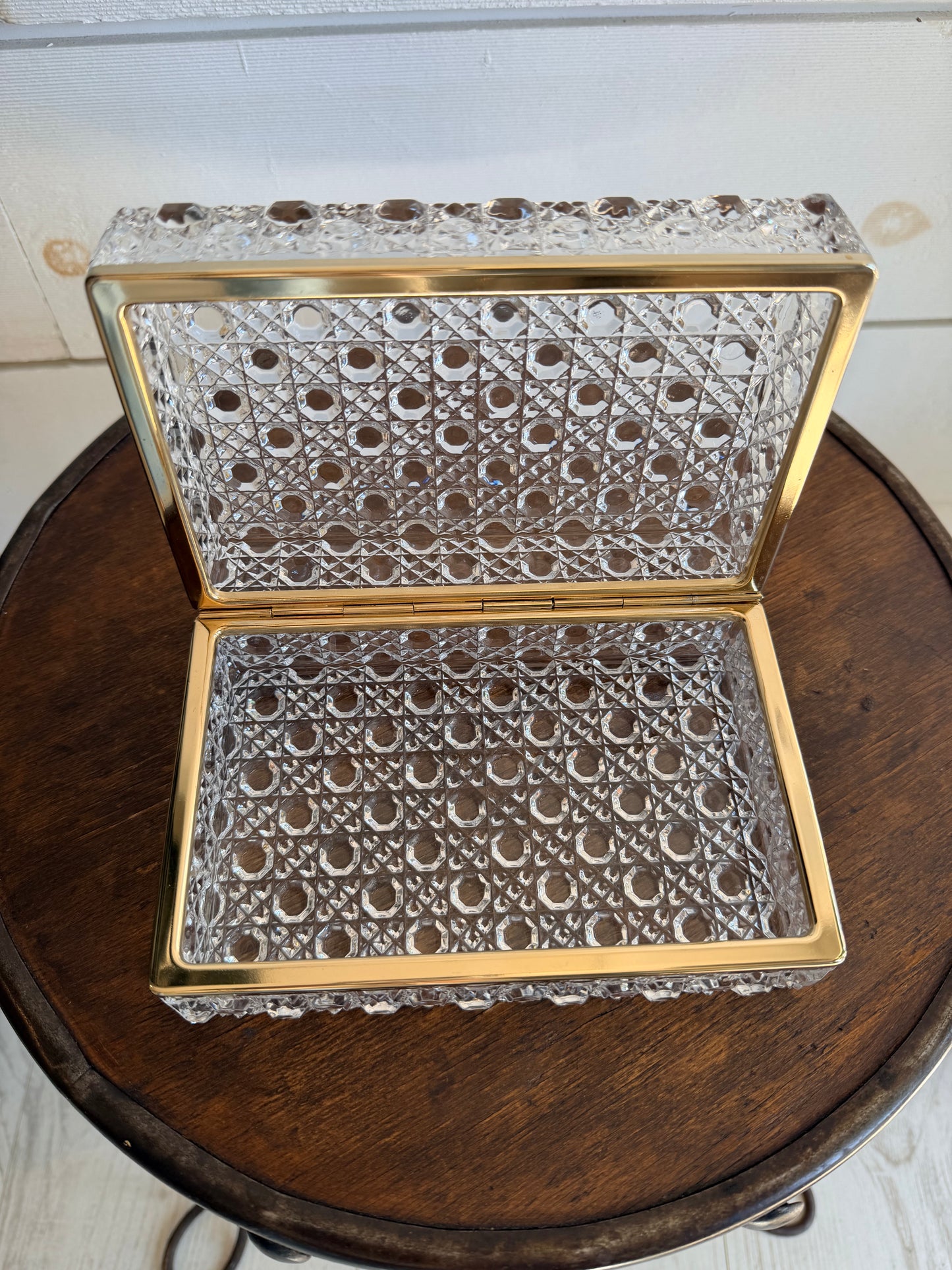 Mid-Century Baccarat-Style Diamond-Pattern Cut Glass Casket Box w/ Brass Banding