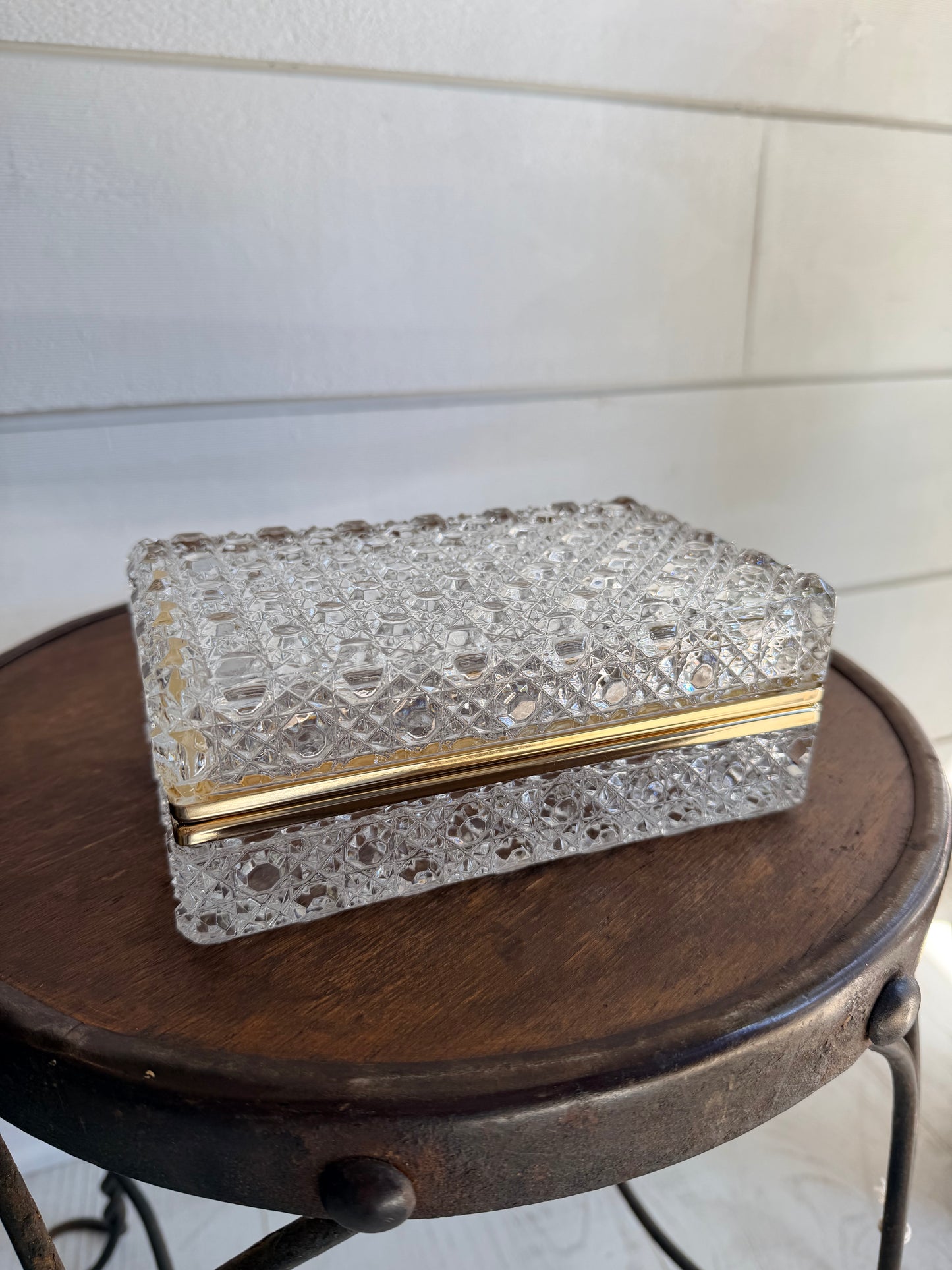 Mid-Century Baccarat-Style Diamond-Pattern Cut Glass Casket Box w/ Brass Banding