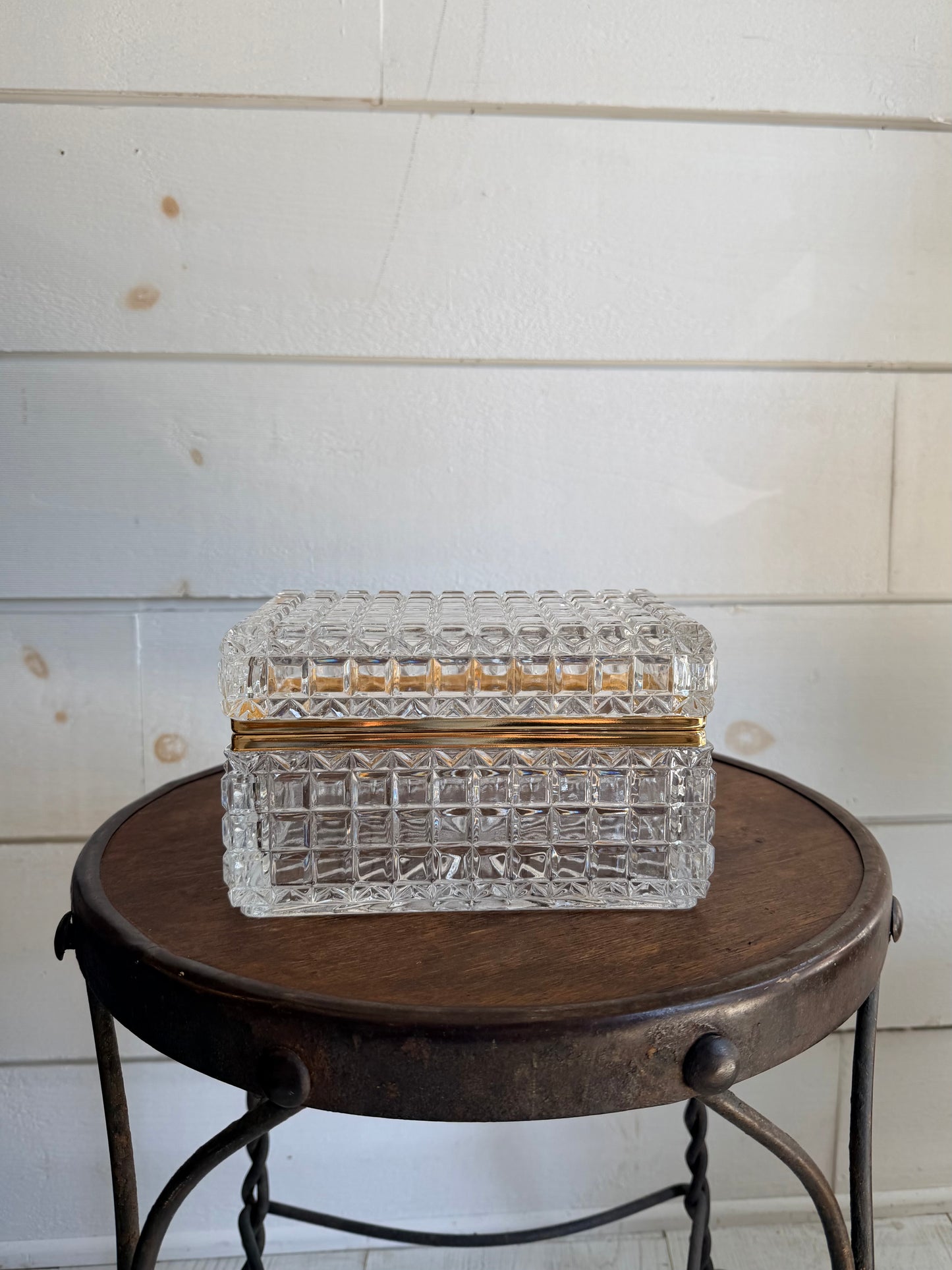 Mid-Century Baccarat-Style Cut Glass Casket Box w/ Brass Banding