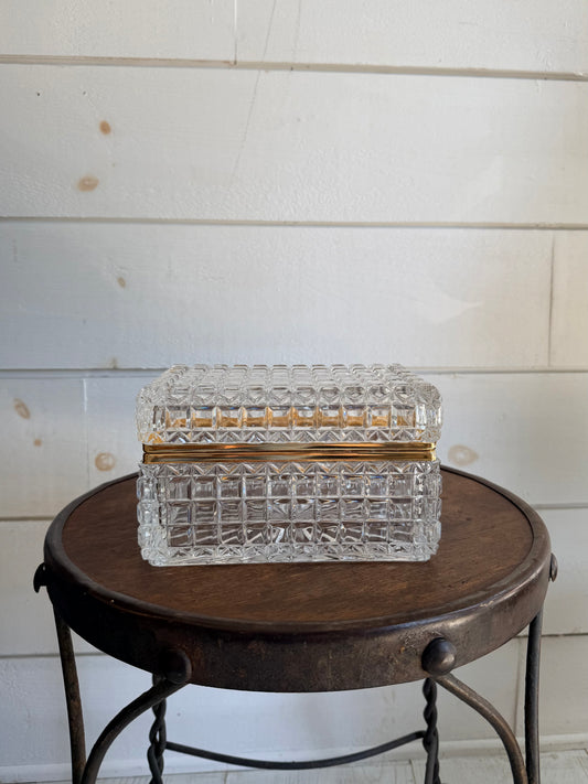Mid-Century Baccarat-Style Cut Glass Casket Box w/ Brass Banding
