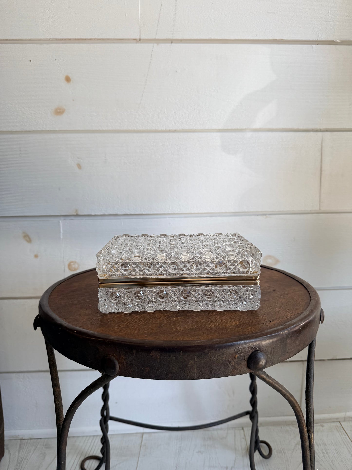 Mid-Century Baccarat-Style Diamond-Pattern Cut Glass Casket Box w/ Brass Banding