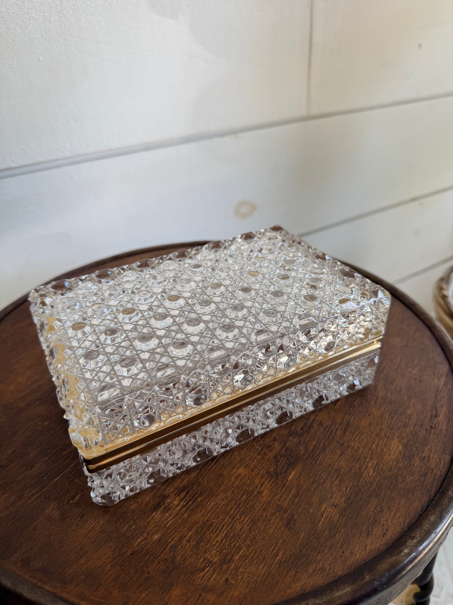 Mid-Century Baccarat-Style Diamond-Pattern Cut Glass Casket Box w/ Brass Banding