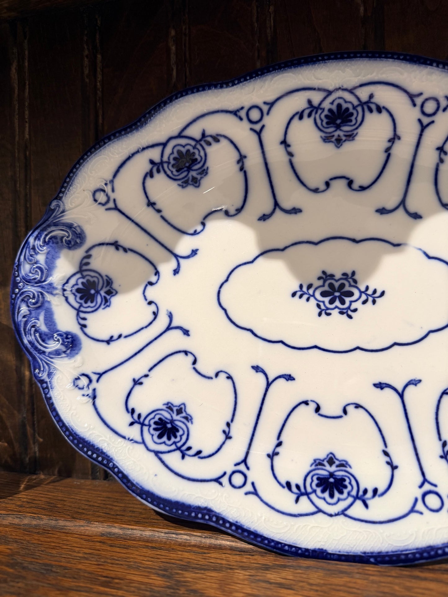 Antique W.H. Grindley England Flow Blue Oval Platter in "Beaufort" Pattern