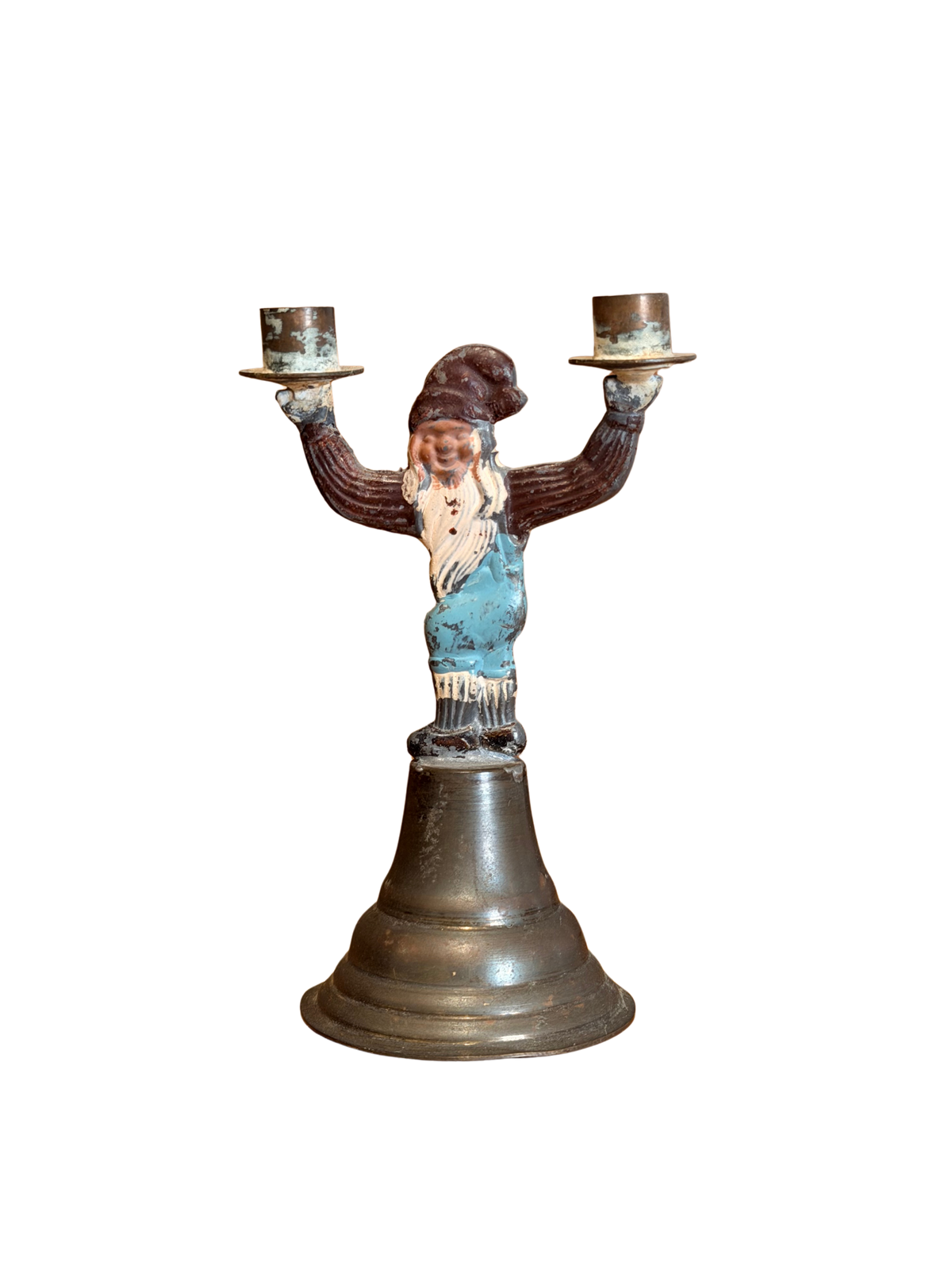 Pair of Painted Cast Iron Gnome Figural Double Candlesticks