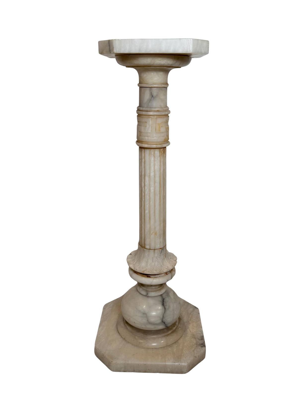 Neoclassical Carved Alabaster Pedestal with Greek Key Detail