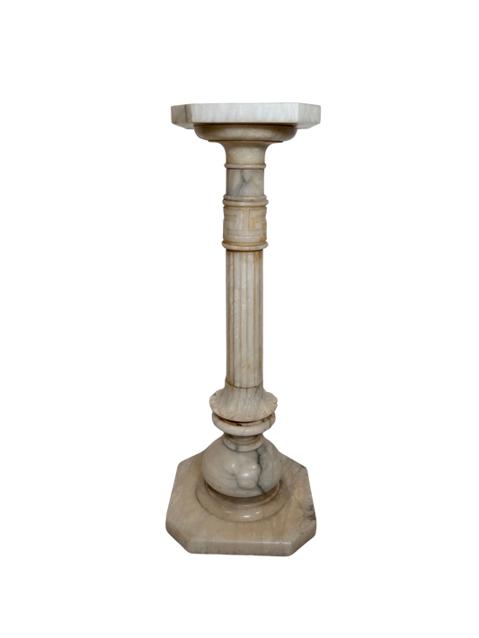 Neoclassical Carved Alabaster Pedestal with Greek Key Detail