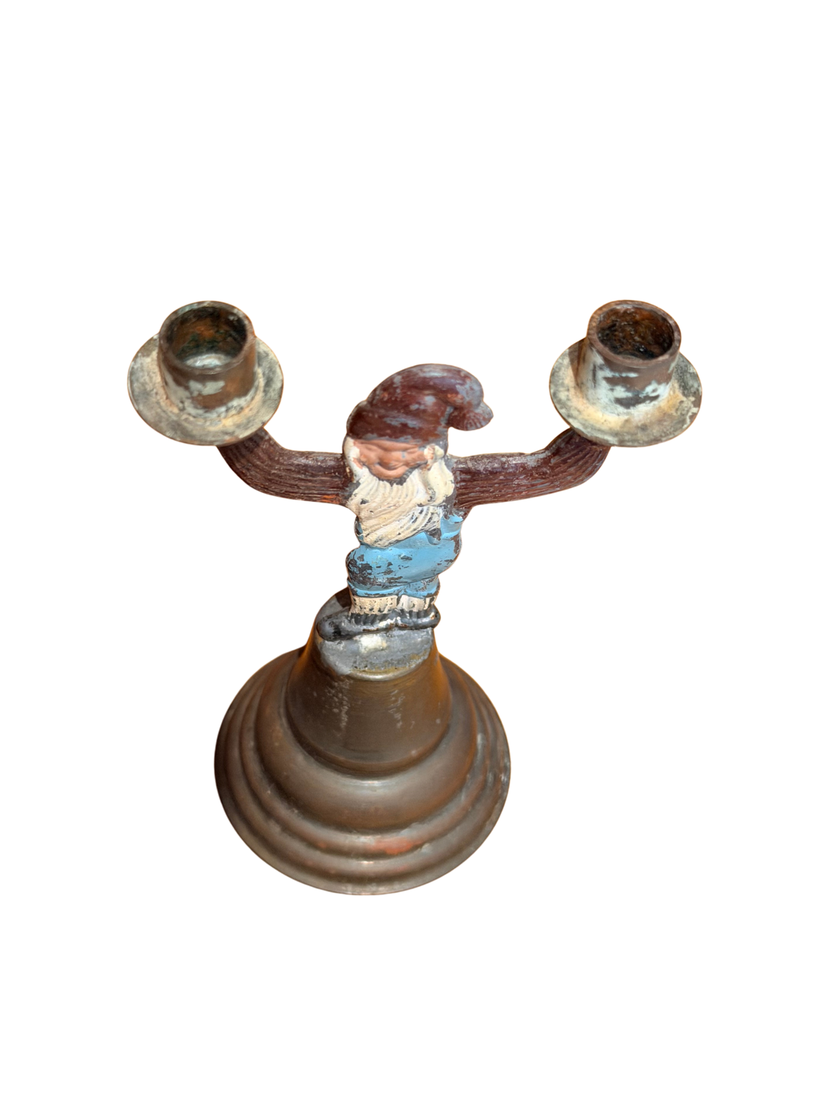 Pair of Painted Cast Iron Gnome Figural Double Candlesticks