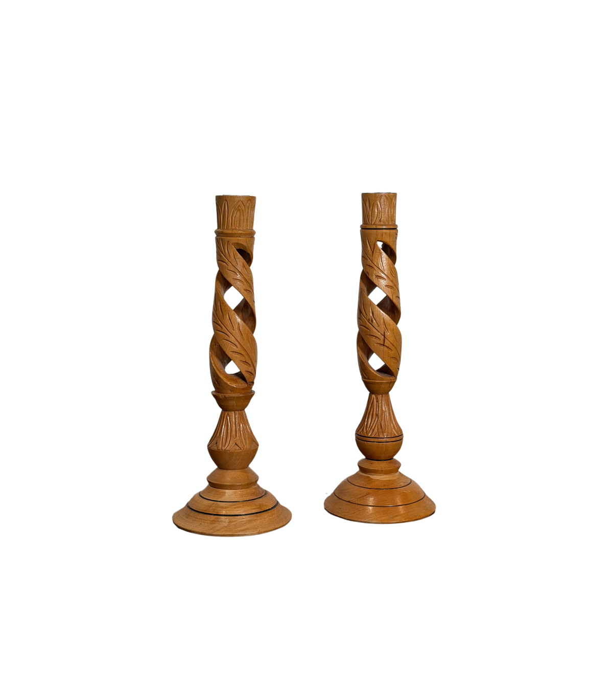 Pair of Hand-Carved Olive Wood Candlesticks
