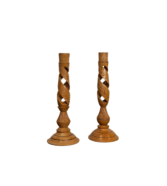 Pair of Hand-Carved Olive Wood Candlesticks