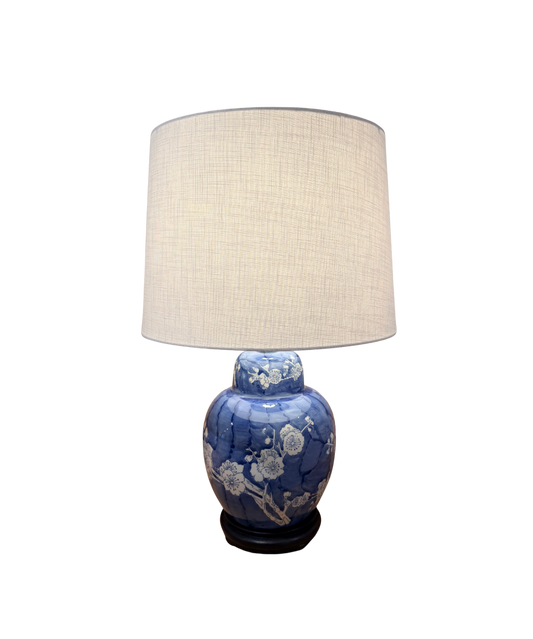 Blue & White Porcelain Ginger Jar Lamp with Blossom Motif
